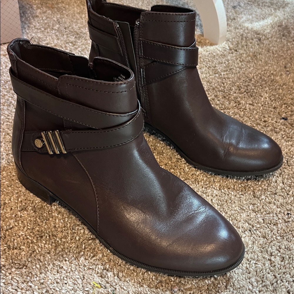 Anne Klein Chocolate Leather Ankle Boots